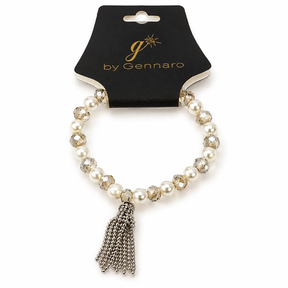 G by Gennaro Bracelet NWT Faux Pearl Crystal Beaded Silver Tassel Stretch